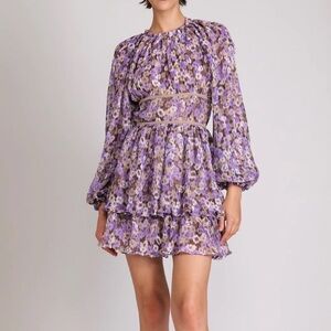 NWT Sabina Musayev Zahara Short Dress in Lilac Print long sleeve